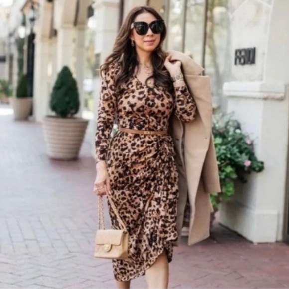 EUC Cabi Medium Black and Tan Leopard Animal Print Midi Dress - Picture 4 of 10